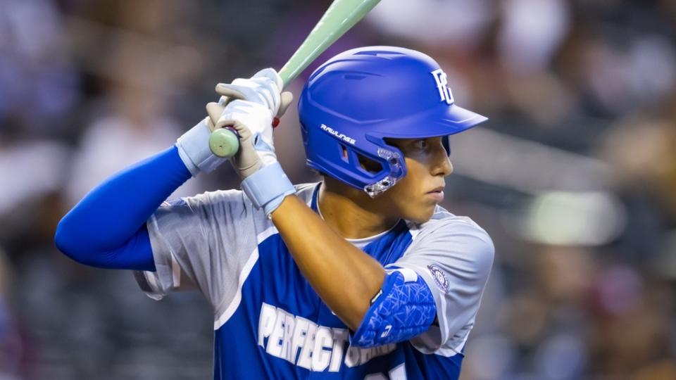 East infielder George Lombard (21) during the Perfect Game All-American Classic high school baseball game at Chase Field