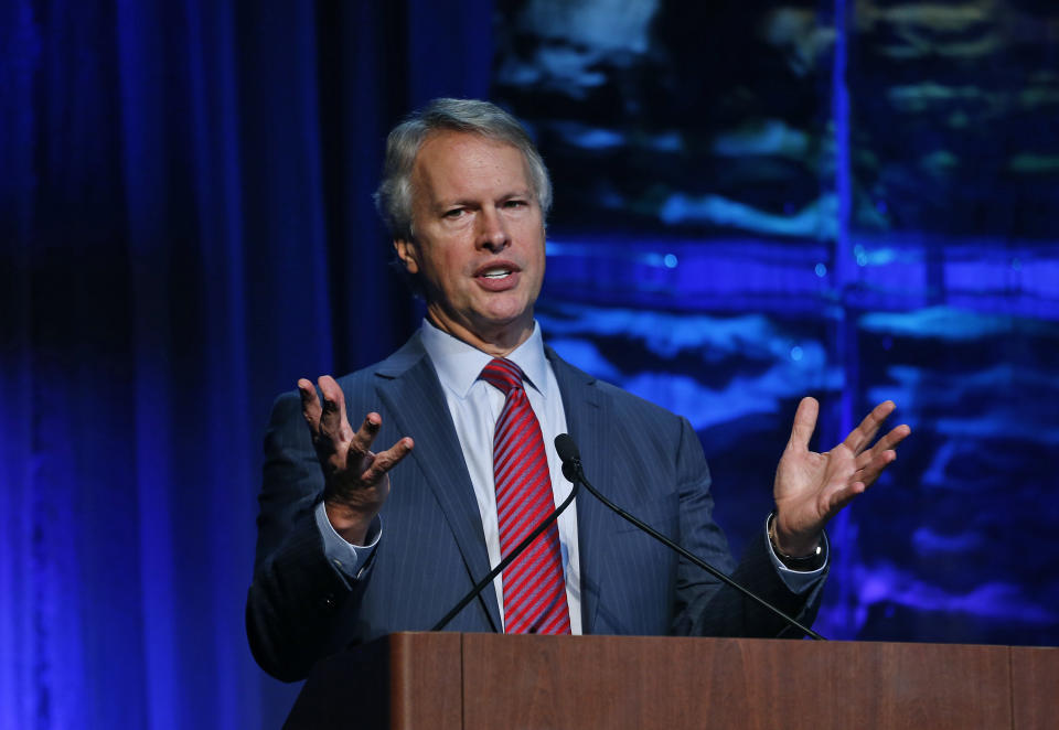 Gary Pruitt, president and CEO of The Associated Press, speaks to editors and publishers at the Newspaper Association of America’s mediaXchange 2014 convention in Denver, Tuesday, March 18, 2014. (AP Photo/Brennan Linsley)