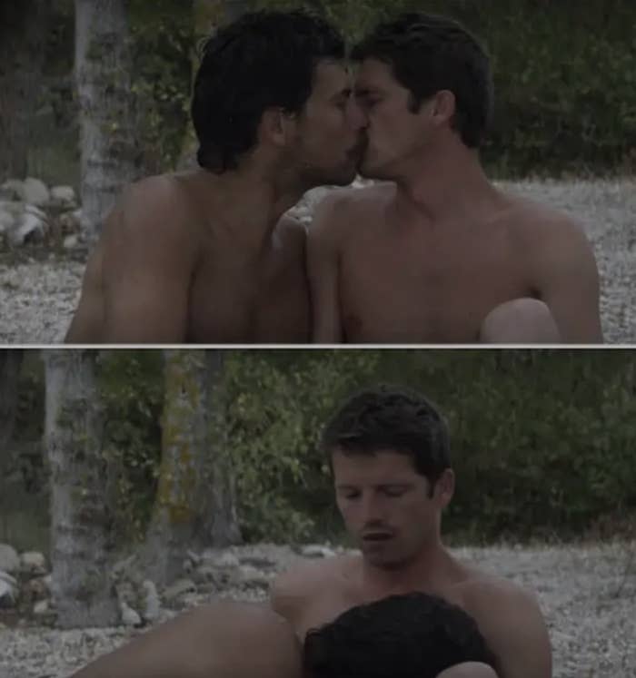 Two shirtless men, one leaning in to kiss the other. The second frame shows one man kissing the other on the neck while he looks down