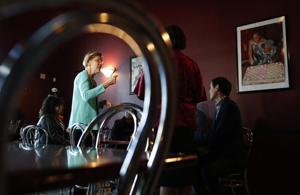 FILE - In this Feb. 20, 2020, file photo, Democratic presidential candidate Sen. Elizabeth Warren, D-Mass., visits EllaEm's Soul Food, in North Las Vegas, Nev. If Nevada has one job in the Democratic primary, it's to offer something different. And in many ways it has delivered. As the presidential race turned to the state this week, gone was the earnestness of Iowa and tradition of New Hampshire and in its place was racial diversity, a new unpredictability and the muscle of urban, union politics (AP Photo/John Locher, File)