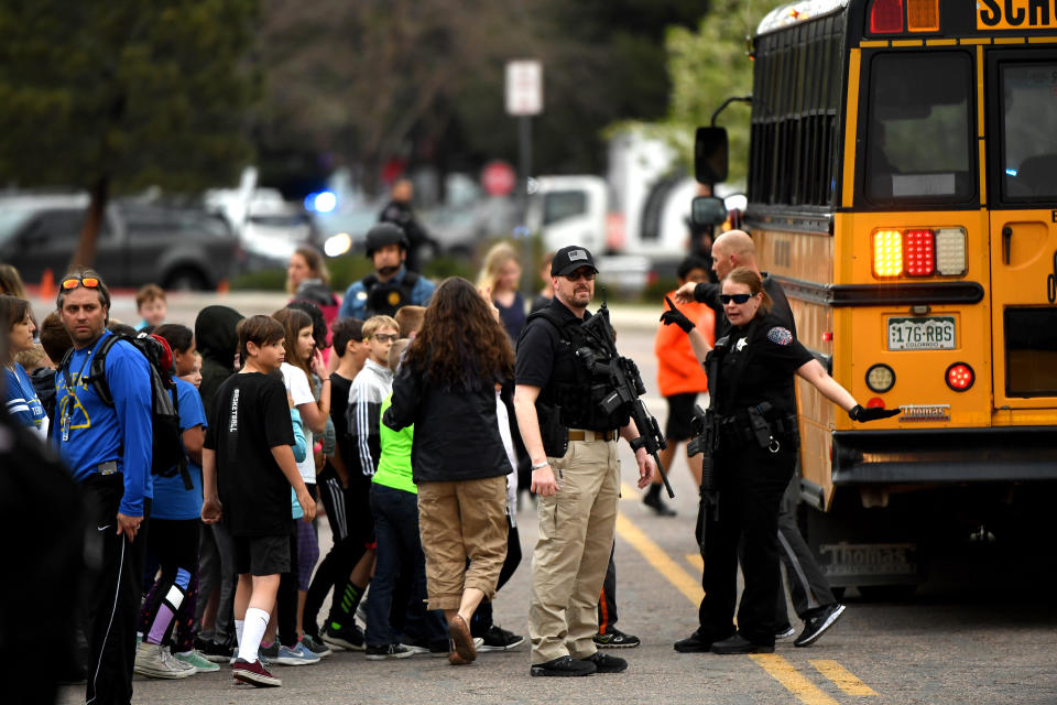 HIGHLANDS RANCH, CO - MAY 7: Officers and teachers evacuating students after a shooting at the STEM School Highlands Ranch on May 7, 2019, in Highlands Ranch, Colorado. (Photo by Joe Amon/MediaNews Group/The Denver Post via Getty Images)