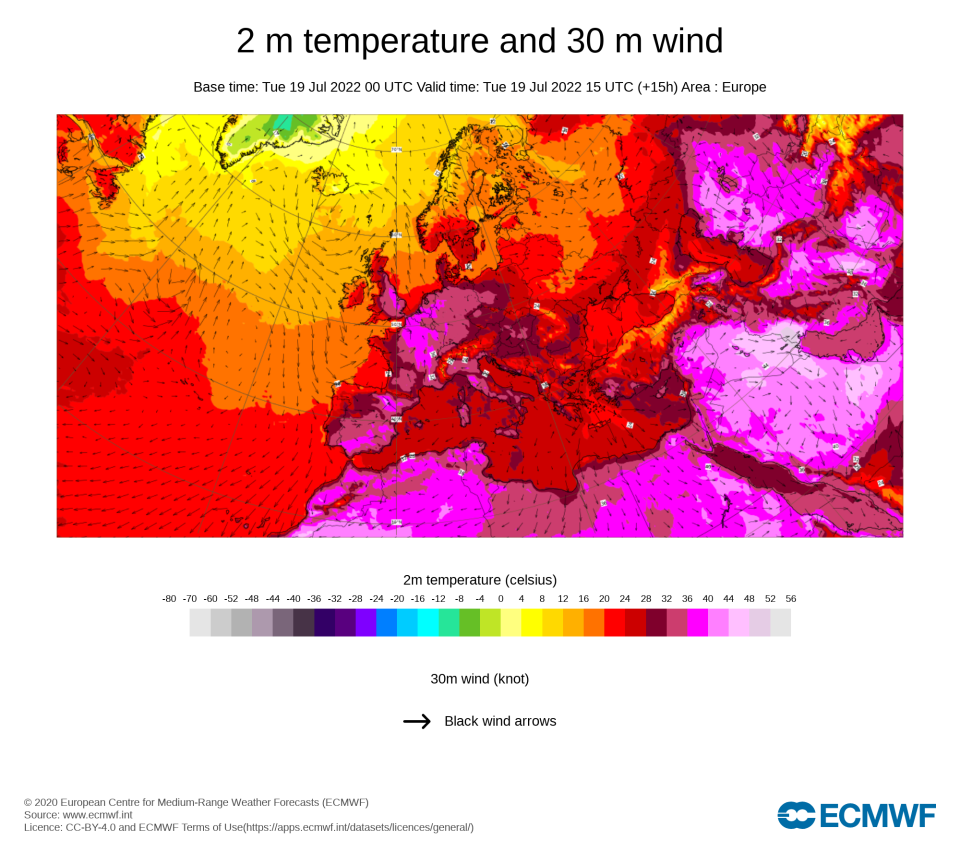 A map shows temperatures 2 meters above the surface.