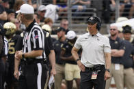 Wake Forest head coach Dave Clawson argues a call during the second half of an NCAA college football game against Clemson in Winston-Salem, N.C., Saturday, Sept. 24, 2022. (AP Photo/Chuck Burton)