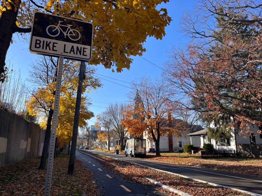 The new protected bike path along Turner Avenue in Grand Rapids. (Nov. 15, 2023)