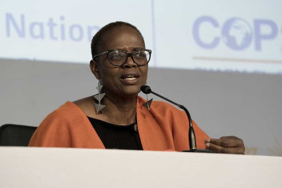 Wanjira Mathai, Vice President and Regional Director for Africa, World Resources Institute speaks about ongoing negotiations at the COP27 U.N. Climate Summit, Thursday, Nov. 17, 2022, in Sharm el-Sheikh, Egypt. (AP Photo/Nariman El-Mofty)