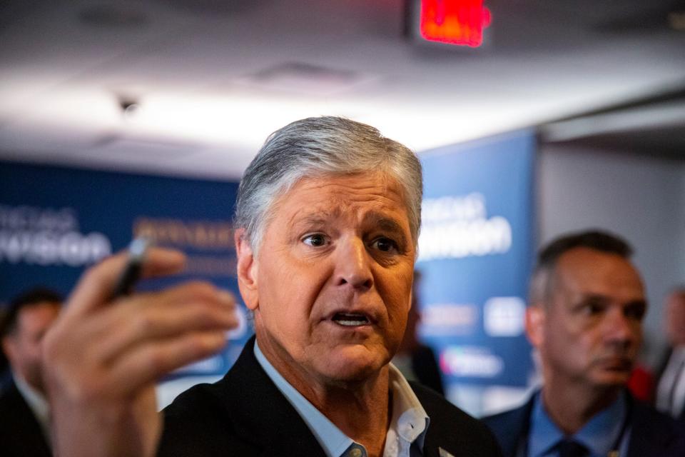 Fox News Host Sean Hannity speaks to members of the media in the spin room after the Republican presidential debate at the Ronald Reagan Presidential Library in Simi Valley on Sept. 27, 2023.