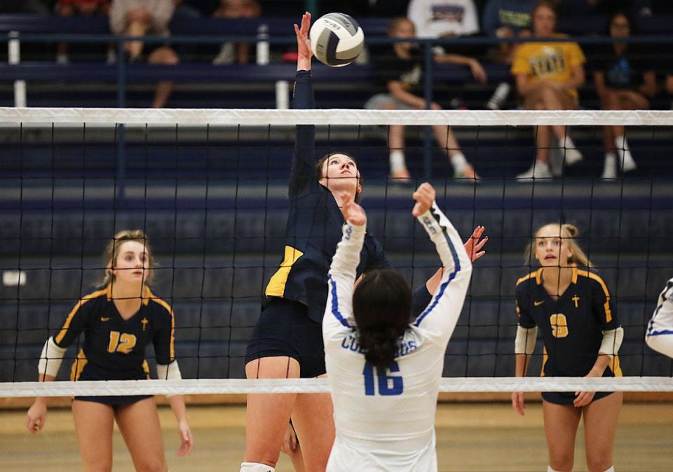 Notre Dame senior Gabby Deery gets a kill Thursday against Columbus.