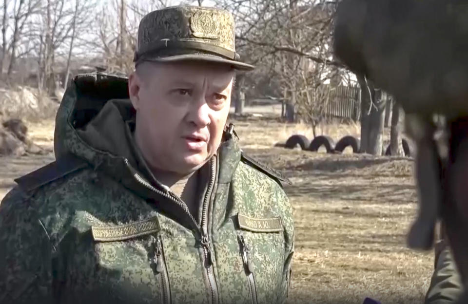 In this image from video released by the Russian Defense Ministry Press Service on Thursday, March 24, 2022, commander of the troops of the Russian Eastern Military District Alexander Chaiko speaks to Russian servicemen during a special military operation at an undisclosed location in Ukraine. (Russian Defense Ministry Press Service via AP)