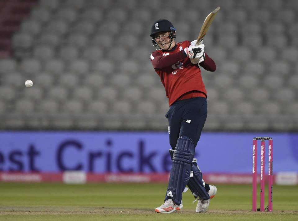 England's Tom Banton bats during the third Twenty20 cricket match between England and Pakistan, at Old Trafford in Manchester, England, Tuesday, Sept. 1, 2020. (Mike Hewitt/Pool via AP)