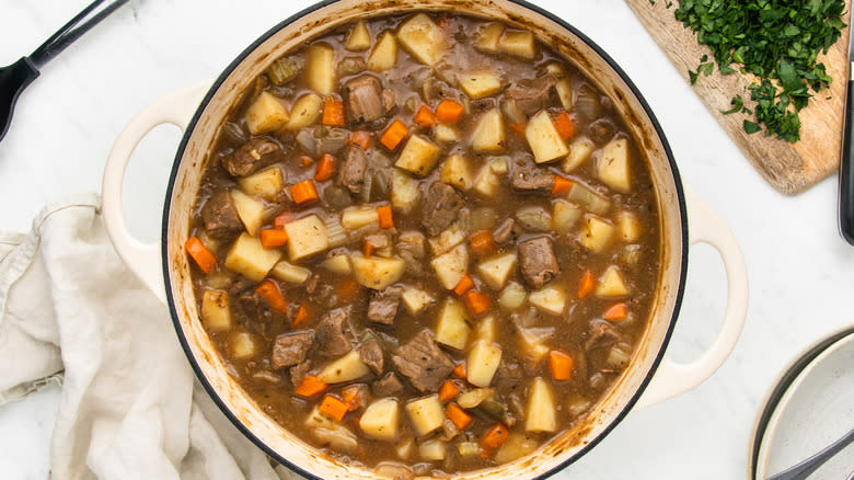 Beef stew in a casserole pot