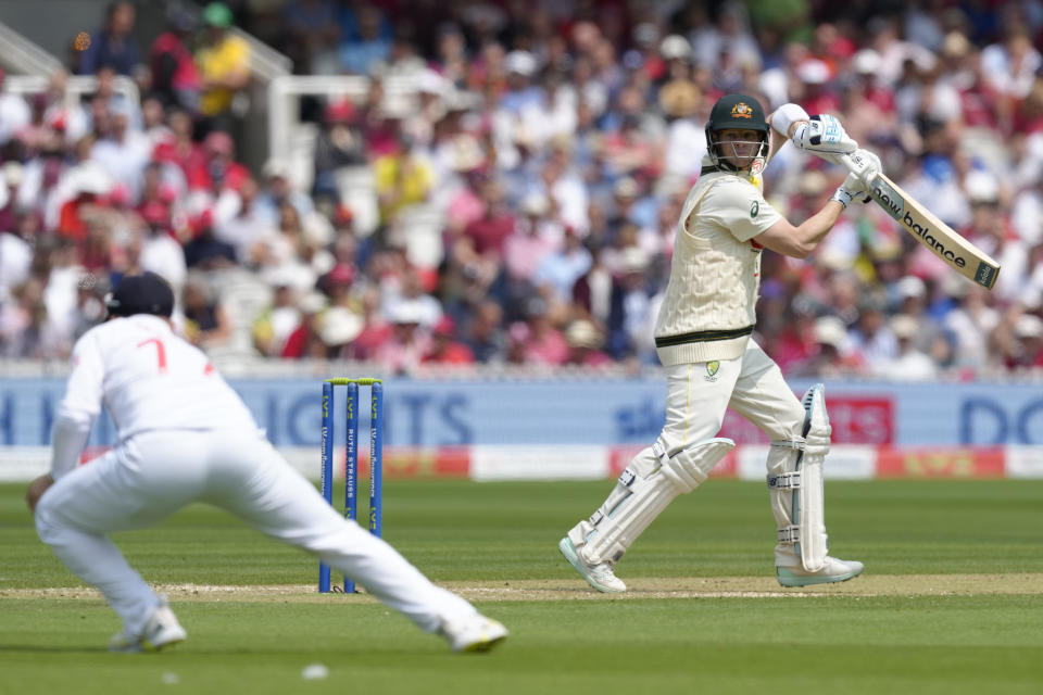 Australia's Steven Smith looks round as he is caught by England's Ben Duckett off the bowling of England's Josh Tongue on the second day of the second Ashes Test match between England and Australia, at Lord's cricket ground in London, Thursday, June 29, 2023. Smith made 110 runs.(AP Photo/Kirsty Wigglesworth)