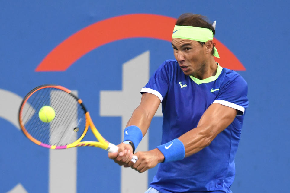 Pictured here, Rafael Nadal returning a shot at the Citi Open in Washington.