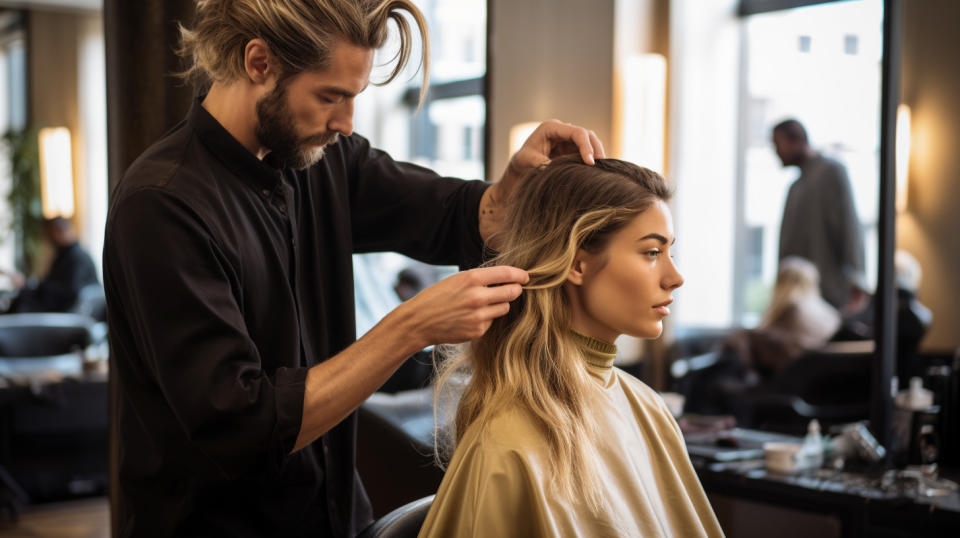 A professional hairstylist styling a client's hair with a variety of hair care products.