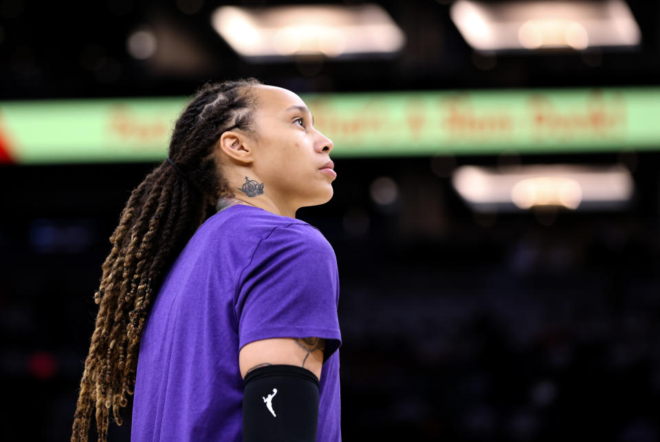 PHOENIX, ARIZONA - OCTOBER 10: Brittney Griner #42 of the Phoenix Mercury durring pregame warmups at Footprint Center on October 10, 2021 in Phoenix, Arizona. NOTE TO USER: User expressly acknowledges and agrees that, by downloading and or using this photograph, User is consenting to the terms and conditions of the Getty Images License Agreement. (Photo by Mike Mattina/Getty Images)