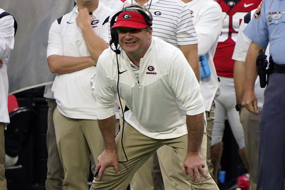 Georgia head coach Kirby Smart watches his team on the field during the first half of an NCAA college football game against Florida, Saturday, Oct. 29, 2022, in Jacksonville, Fla. (AP Photo/John Raoux)