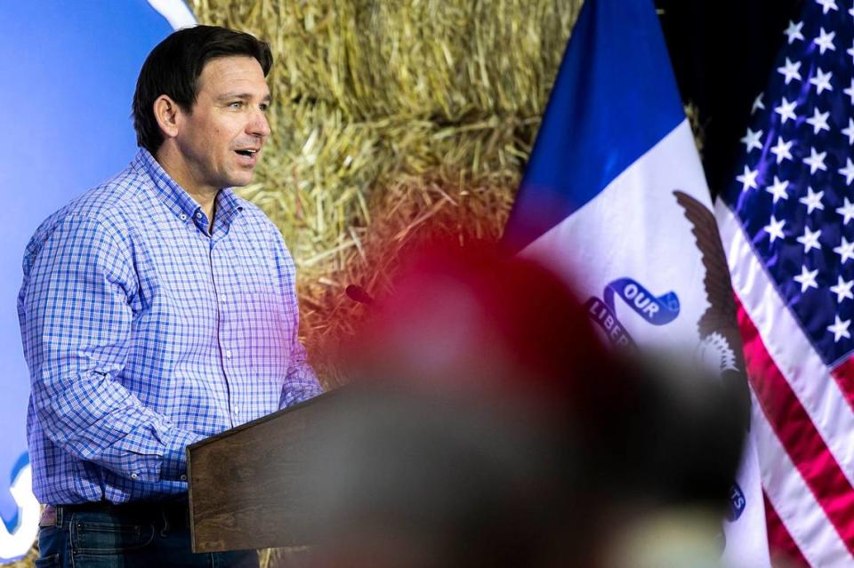 Republican presidential candidate Florida Gov. Ron DeSantis speaks during the annual Roast and Ride fundraiser for U.S. Sen. Joni Ernst, Saturday, June 3, 2023, at the Iowa State Fairgrounds in Des Moines, Iowa.