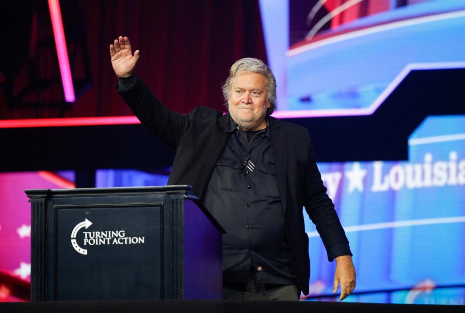 Steve Bannon, former advisor to U.S. President Donald Trump, waves as he attends an event held by the national conservative political movement, ‘Turning Point’ in Detroit, Michigan, U.S., June, 15, 2024. REUTERS/Rebecca cook