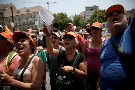 Municipal workers shout slogans during a demonstration outside the Ministry of Interior Affairs in Athens, Greece June 26, 2017. REUTERS/Alkis Konstantinidis