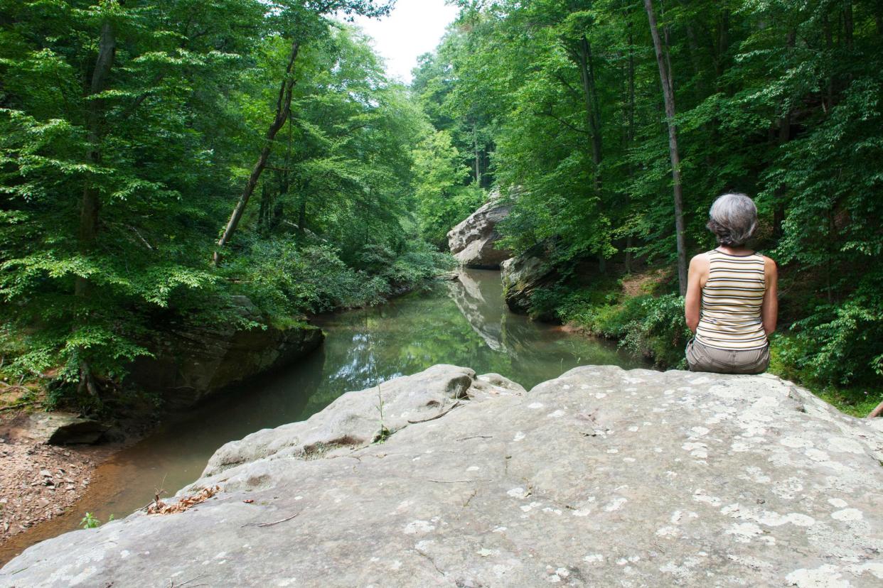 Woman's figure on the Bell Smith Springs background, Illinois, USA