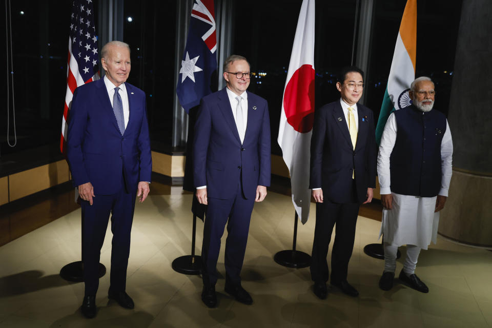 U.S. President Joe Biden, from left, Japan's Prime Minister Fumio Kishida, Australia's Prime Minister Anthony Albanese and India's Prime Minister Narendra Modi hold a Quad meeting on the sidelines of the G7 summit, at the Grand Prince Hotel in Hiroshima, western Japan, Saturday, May 20, 2023. (Jonathan Ernst/Pool Photo via AP)