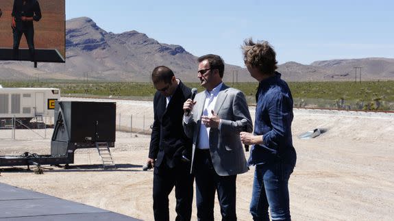 Executive Director Shervin Pishevar (far left), CEO Rob Lloyd (center) and former CTO Brogan BamBrogan at the first successful test of the Hyperloop One propulsion system.