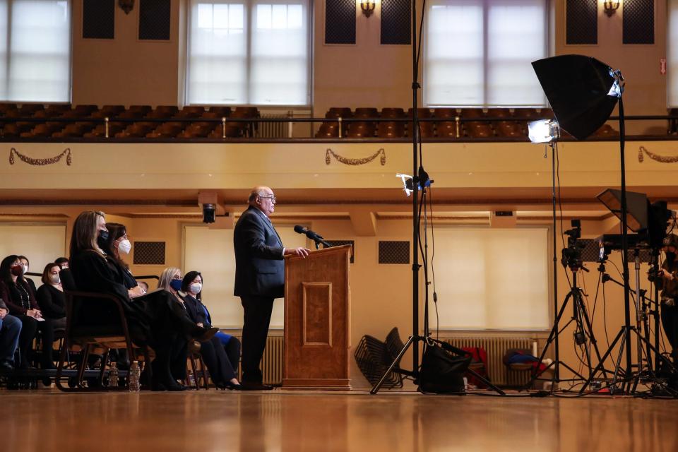 Mayor Charlie Sisitsky delivers his remarks during his inauguration ceremony at Nevins Hall in Framingham, Jan. 1, 2022.