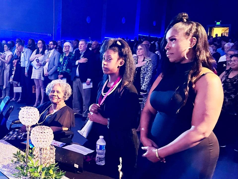 Three generations attended the Fisk Jubilee Singers performance on Good Friday at the Historic Grove Theatre in Oak Ridge. From left are Ernestine Avery, on of the 85 Scarboro students that desegregated Oak Ridge schools in 1955; Cali Foster, Avery's great-grandaughter; and Ernestine Foster, Cali's mom. The performance was a benefit for the Scarboro 85 Memorial planned for A.K. Bissell Park.