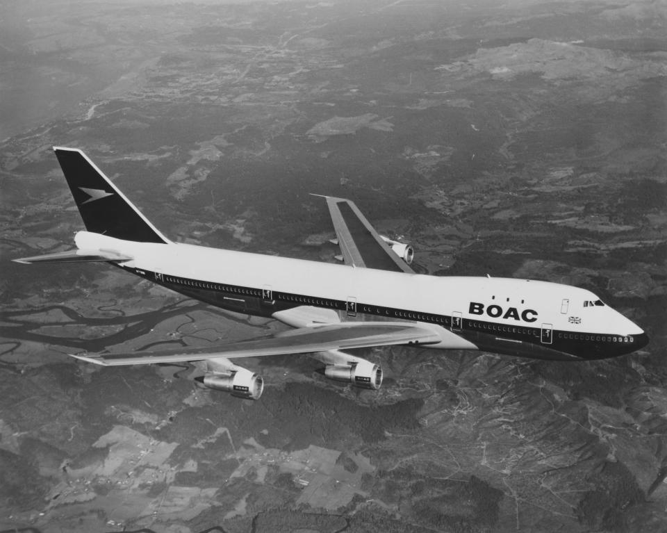 This photo from April 7, 1971, shows a Boeing 747 of British Airways predecessor BOAC (British Overseas Airways Corporation) flying above the United Kingdom.