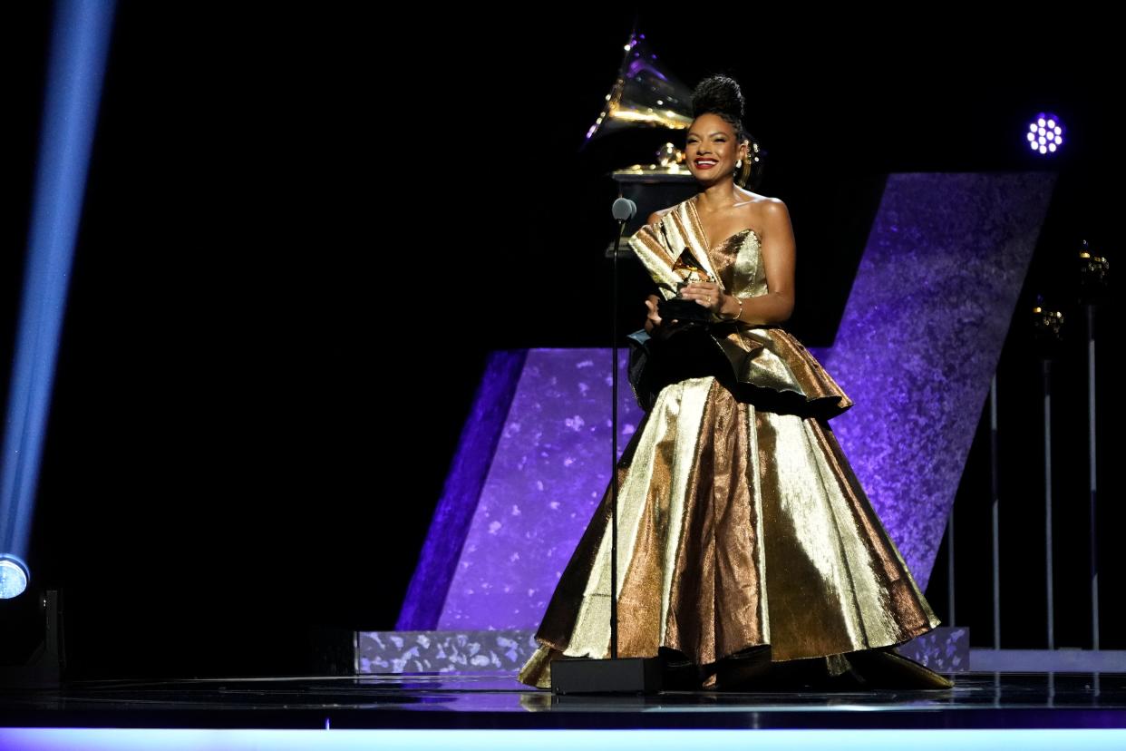 Allison Russell accepts the award for Best American Roots Performance during the 66th Annual GRAMMY Awards Premiere Ceremony at the Peacock Theater in Los Angeles on Sunday, Feb. 4, 2024.