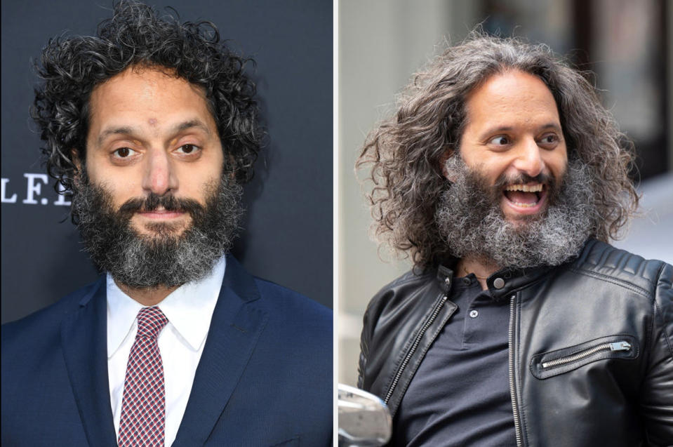 Jason Mantzoukas on a red carpet vs. his character smiling excitedly