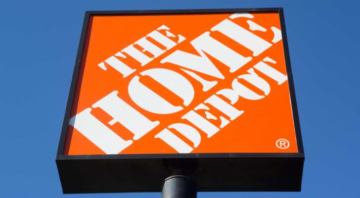 Home Depot (HD) sign backdropped by blue sky