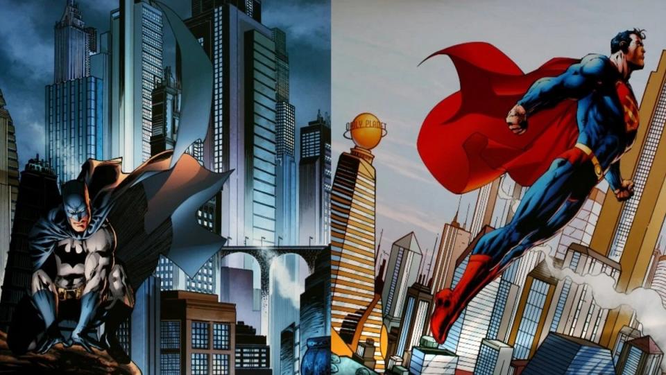 The fictional DC Comics cities of Gotham and Metropolis, as seen in the pages of the comics.