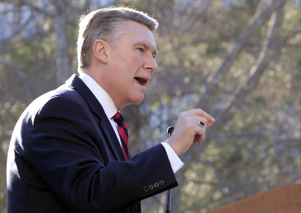 FILE - In this March 14, 2014 file photo, Rev. Mark Harris, who is seeking a Republican U.S. Senate nomination in the upcoming North Carolina primary, speaks during a campaign event in Raleigh, N.C., (AP Photo/Ted Richardson)
