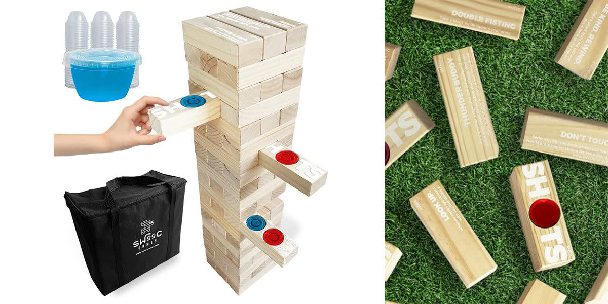 giant jenga with holes in blocks for jello shots