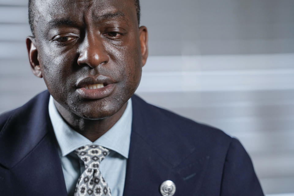 New York City Council candidate Yusef Salaam speaks during an interview with The Associated Press, Wednesday, May 24, 2023, in New York. Salaam is one of three candidates in a competitive June 27 Democratic primary. With early voting already begun, he faces two seasoned political veterans: New York Assembly members Al Taylor, 65, and Inez Dickens, 73, who previously represented Harlem on the City Council. (AP Photo/Mary Altaffer)