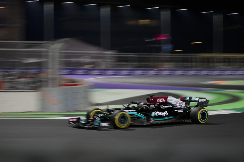 Mercedes driver Lewis Hamilton of Britain in action during practice session for the Saudi Arabian Grand Prix in Jiddah, Friday, Dec. 3, 2021. (AP Photo/Hassan Ammar)