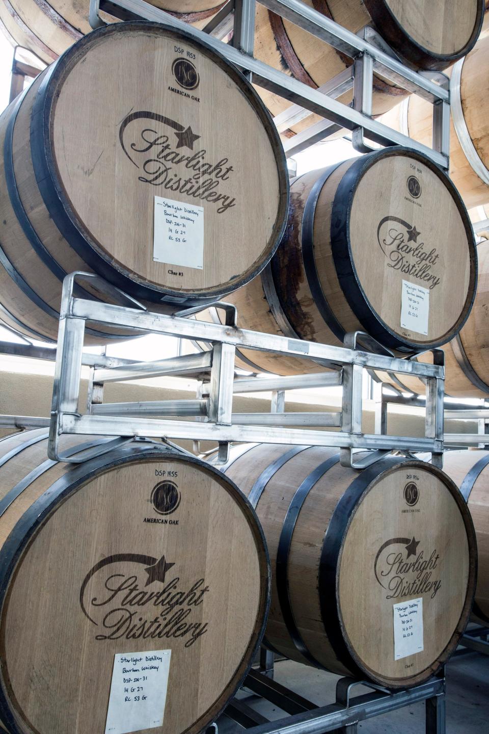 Barrells stamped with Starlight Distillery sit ready for public consumption at Huber's Orchard & Winery. 2/26/15