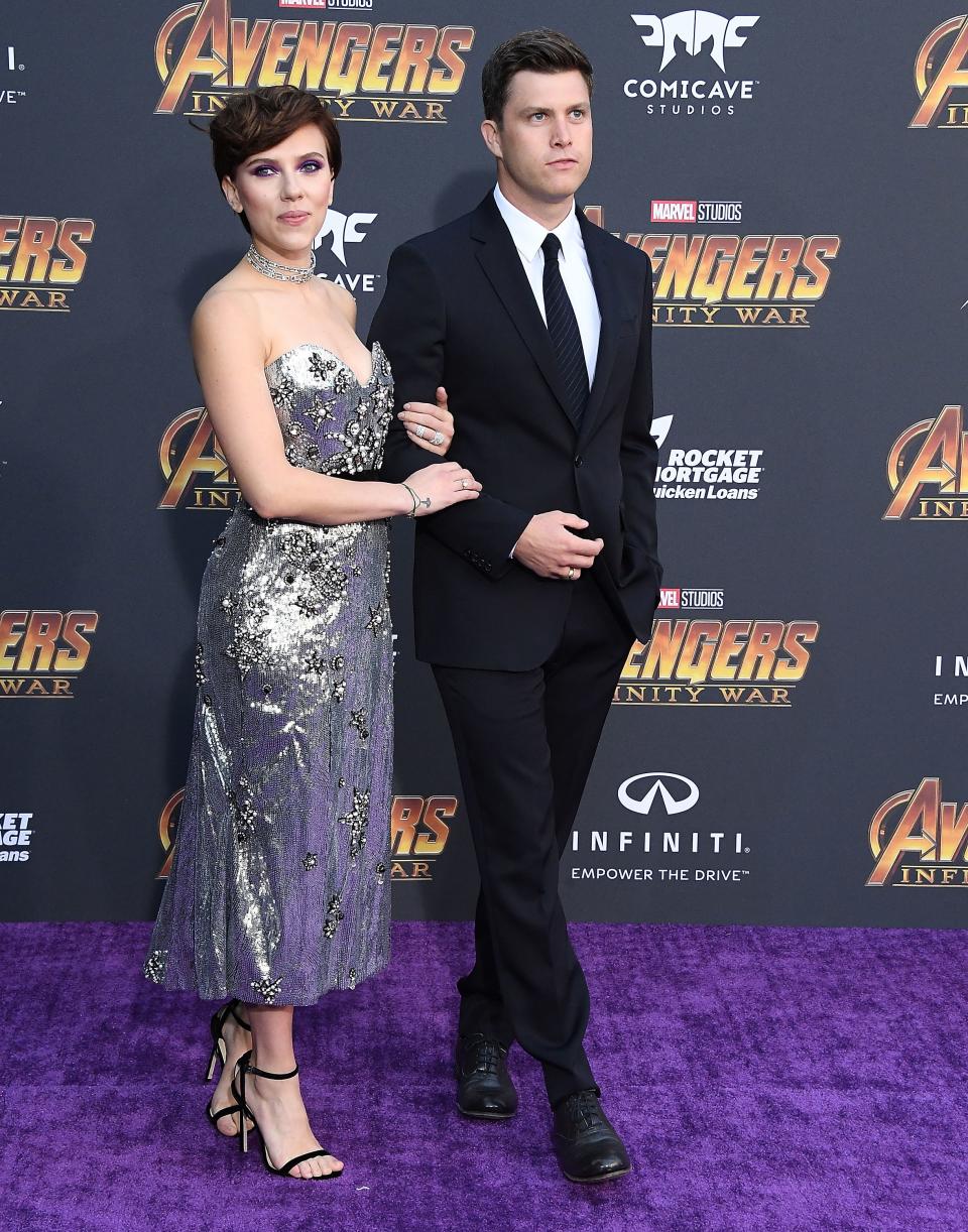 Scarlett Johansson and Colin Jost at the Avengers: Infinity War premiere in 2018