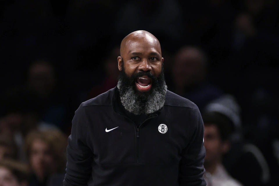 Brooklyn Nets coach Jacque Vaughn directs the team against the Washington Wizards during the first half of an NBA basketball game Friday, Dec. 8, 2023, in New York. (AP Photo/Adam Hunger)