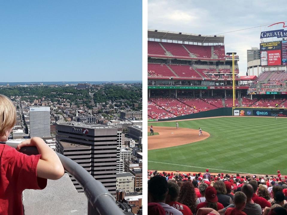 A side by side photo. On the left, a view of the city.On the right, a view of the stadium, filled with people wearing red shirts