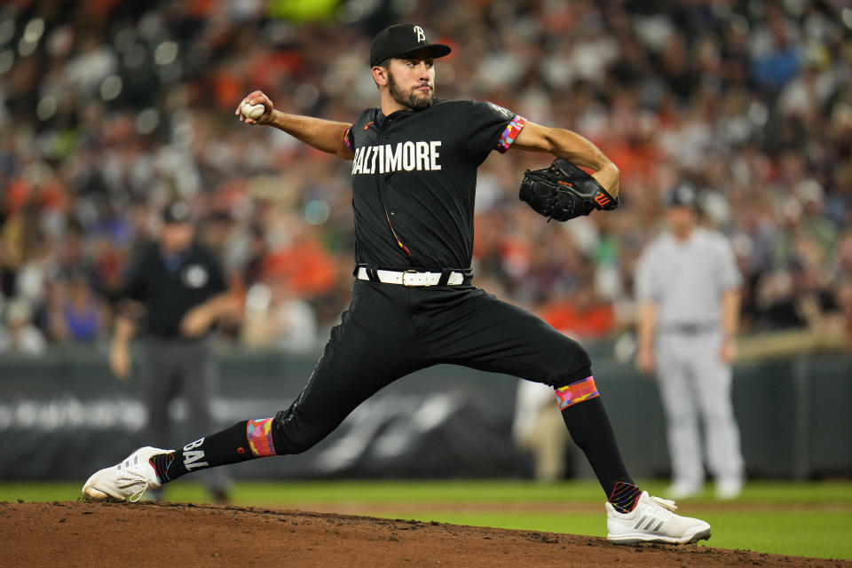 Baltimore Orioles starting pitcher Grayson Rodriguez throws a pitch to the New York Yankees during the third inning of a baseball game, Friday, July 28, 2023, in Baltimore. (AP Photo/Julio Cortez)