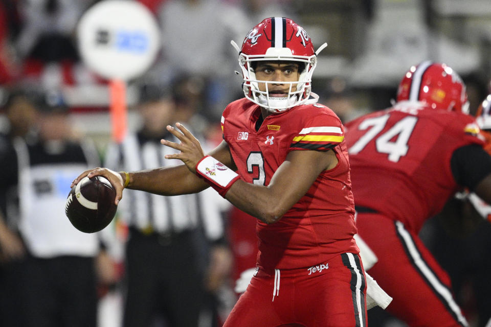 FILE - Maryland quarterback Taulia Tagovailoa (3) looks to throw during the second half of an NCAA college football game against Illinois, Saturday, Oct. 14, 2023, in College Park, Md. Tagovailoa has entered the transfer portal, a sign that he may pursue an additional year of eligibility at the college level. (AP Photo/Nick Wass, File)