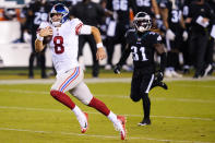 New York Giants' Daniel Jones runs with the ball during the second half of an NFL football game against the Philadelphia Eagles, Thursday, Oct. 22, 2020, in Philadelphia. (AP Photo/Chris Szagola)