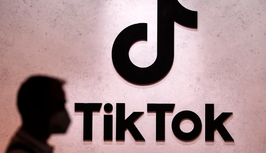 FILE – A visitor passes the TikTok exhibition stands at the Gamescom computer gaming fair in Cologne, Germany, Thursday, Aug. 25, 2022. (AP Photo/Martin Meissner, File)