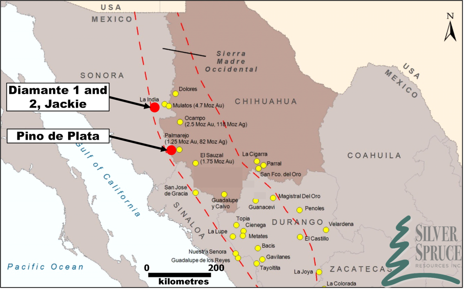 <i>Figure 4. Regional location map of Silver Spruce's Mexico exploration properties in Sonora (Diamante 1 and 2, Jackie) and Chihuahua (Pino de Plata) situated in Sierra Madre geological terrane showing proximity to major precious metal deposits and mines.</i>