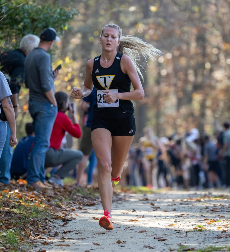 Tatnall’s Katrina Endres runs en route to placing third in the DIAA 2022 Cross Country Girl’s Division II Championship at Killens Pond State Park in Felton, Del.