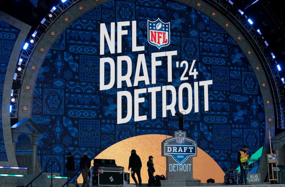 Members of the NFL are setting up the main theater area on Tuesday, April 23, 2024 for the NFL DRAFT that will be held in Detroit later this week.