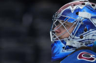 Colorado Avalanche goaltender Jonas Johansson stands near the net during the third period of the team's NHL hockey game against the Los Angeles Kings on Thursday, May 13, 2021, in Denver. (AP Photo/Jack Dempsey)