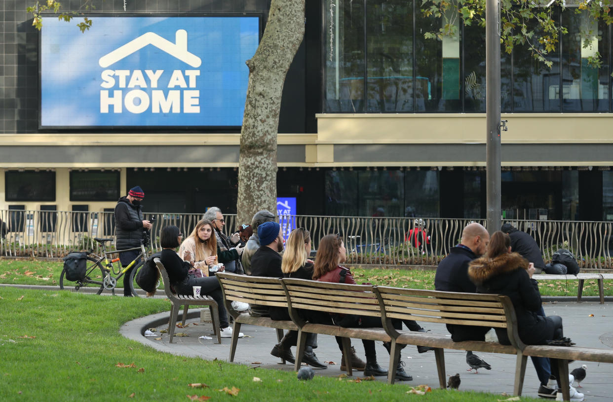 A stay at home sign in Leicester Square, London, on the third day of a four week national lockdown for England to combat the spread of Covid-19. (Photo by Yui Mok/PA Images via Getty Images)