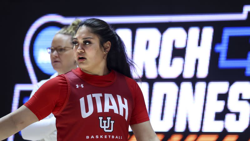 Utah’s Alissa Pili and head coach Lynne Roberts attend practice at the Jon M. Huntsman Center in Salt Lake City on Thursday, March 16, 2023. The No. 2-seeded Utes will face No. 15 seed Gardner-Webb in the first round of the NCAA Tournament on Friday at 5:30 p.m. MDT at the Huntsman Center.